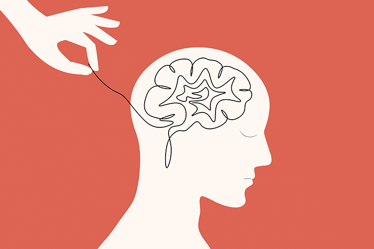 graphic hand pulling thread from head silhouette. depression. TMS