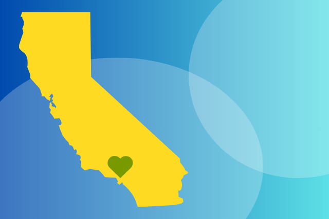 outline of California state with a heart over Los Angeles